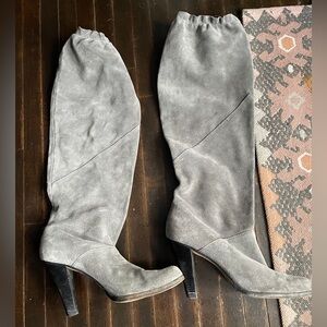 Gray Suede Knee-High Boots, Mod Heeled Boots, Women’s size 8M
